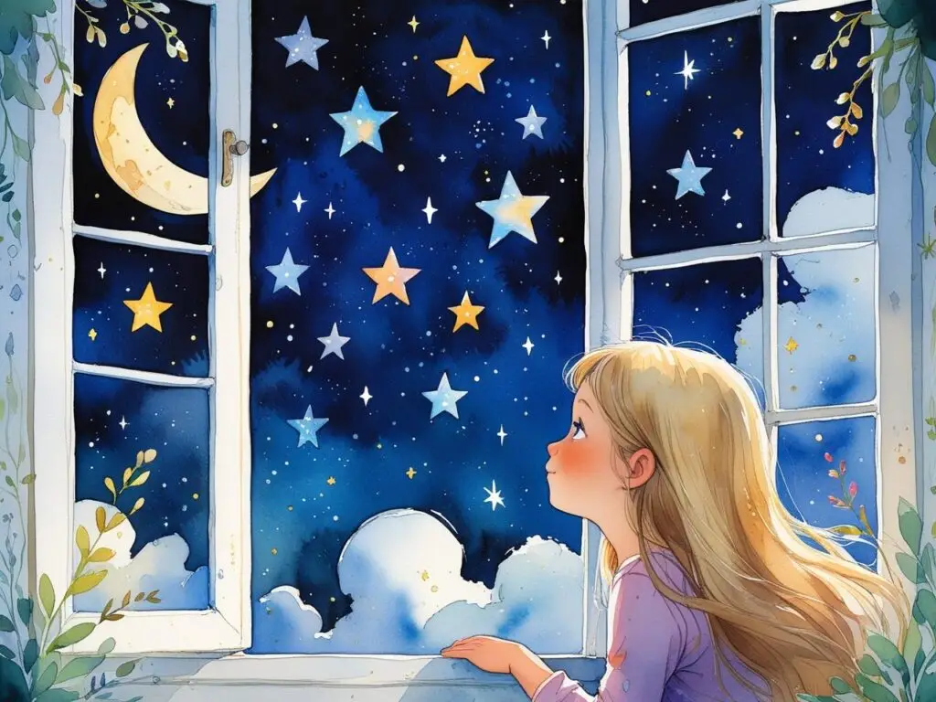 Twinkle Twinkle Little Star Nursery Rhyme. A Cute little girl looking out of her window and seeing a deep indigo night sky full of stars and the moon.