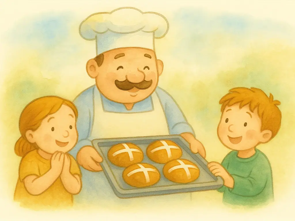 Hot Cross Buns Nursery Rhyme Image. A friendly baker brings hot cross buns while a boy and a girl excitedly want to eat the hot cross buns.