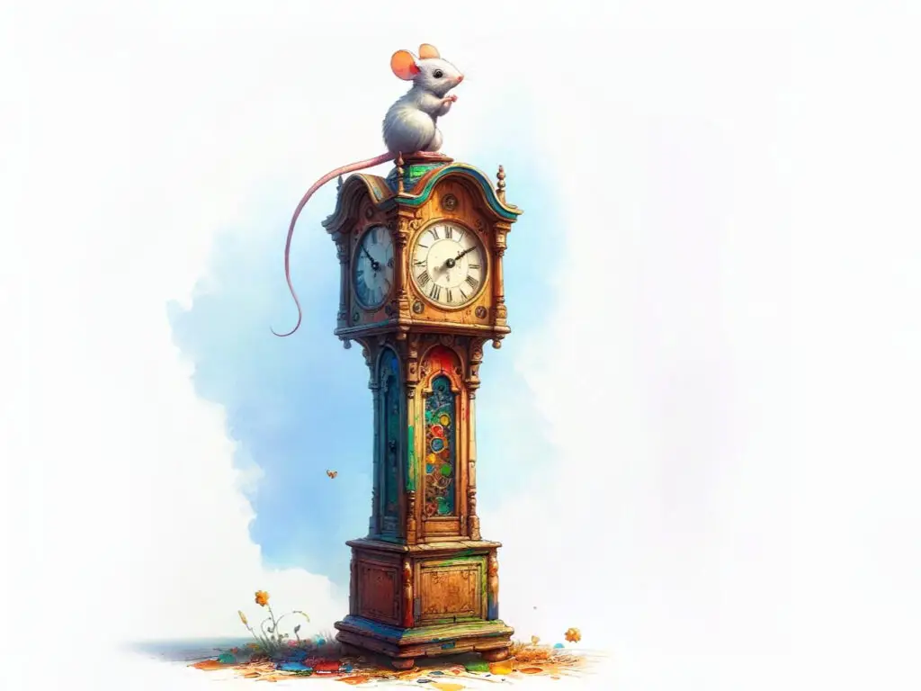 A Mouse Climbing a Grandfather Clock for the rhyme Hickory Dickory Dock
