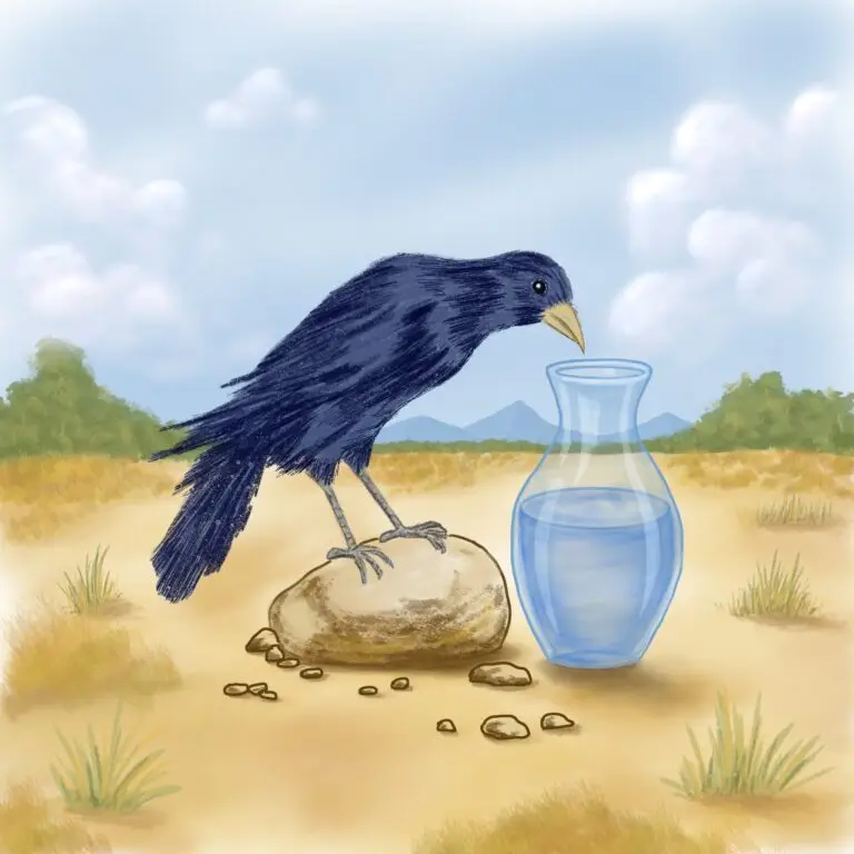 The thirsty crow sitting next to a pitcher, trying to drink water.
