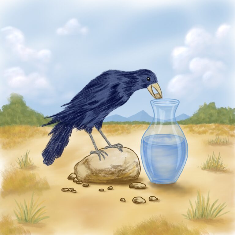 The crow picking up rocks and putting them in the pitcher.